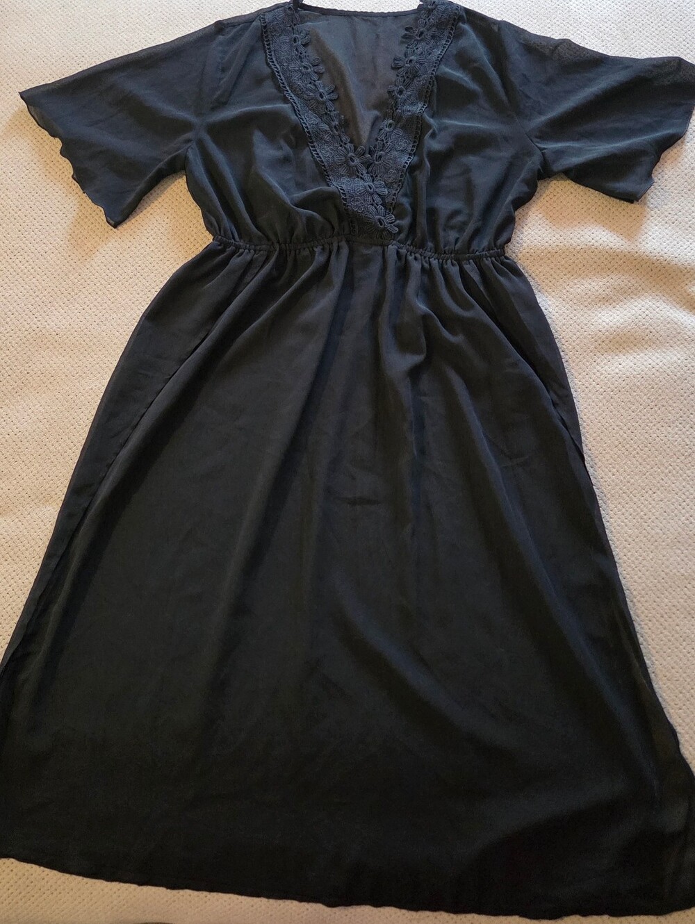 Women's Sheer V Neck Cover Up Half Sleeve high slit both sides black swim cover